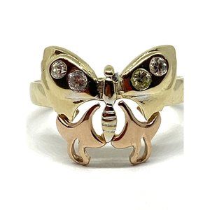 14K Solid Yellow Gold Beautiful Tri Color Butterfly CZ Ring. Size 6 3/4